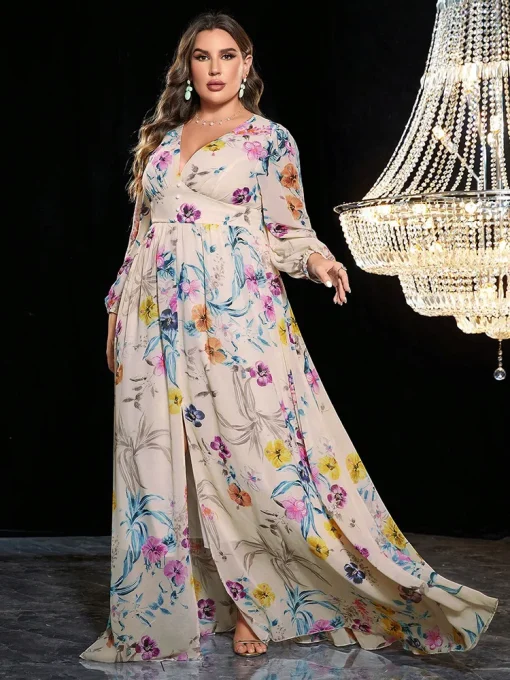 Plus Size Floral Print Lantern Sleeve Split Thigh Dress