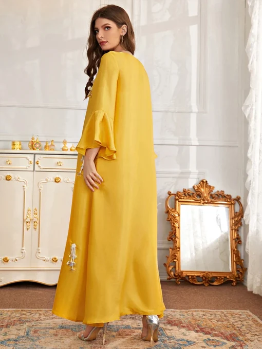 Women's Ankle-Length Beaded Yellow Loose Muslim Toga Dress - Image 2