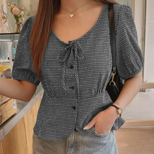 Women’s Bohemian Printed Plaid Short Sleeve Shirts - Image 6