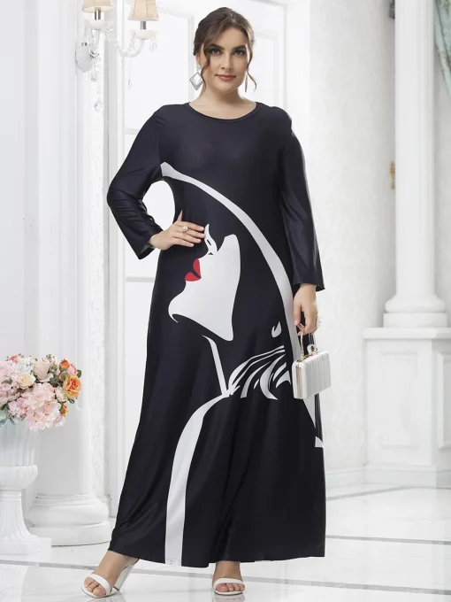 Plus Size Black Long Sleeve Print Casual Maxi Dress - Image 2