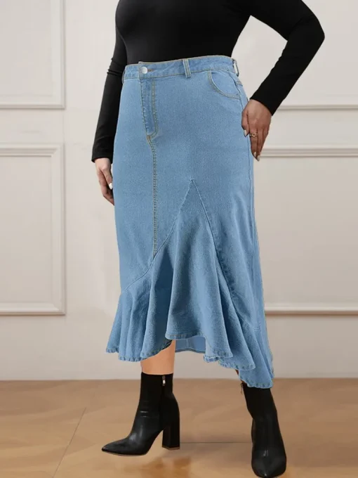 Plus Size Women's High Waist Washed Slit Denim Skirt - Image 3