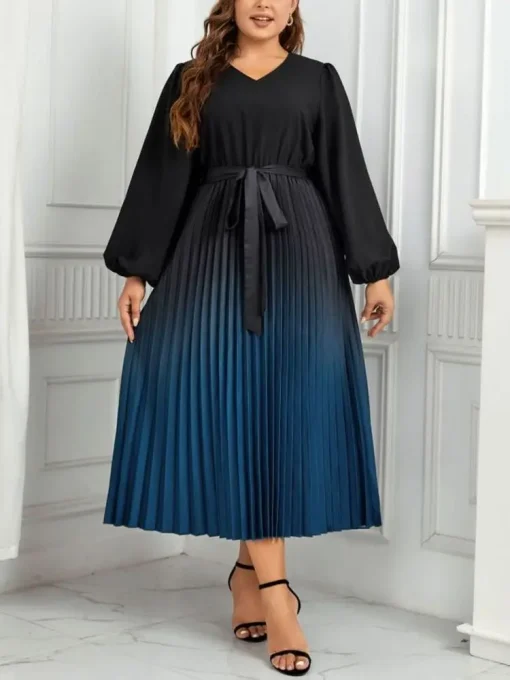 Plus Size Elegant Black Linen Long Sleeve Lace Dress