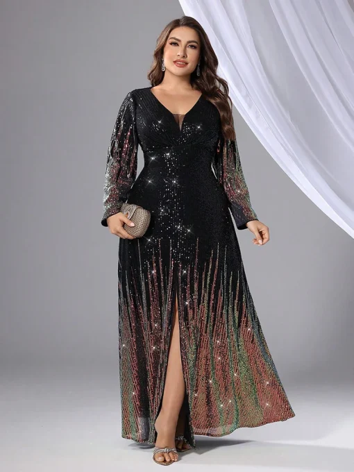 Elegant Plus Size Sequin Bead Long Sleeve Evening Gown