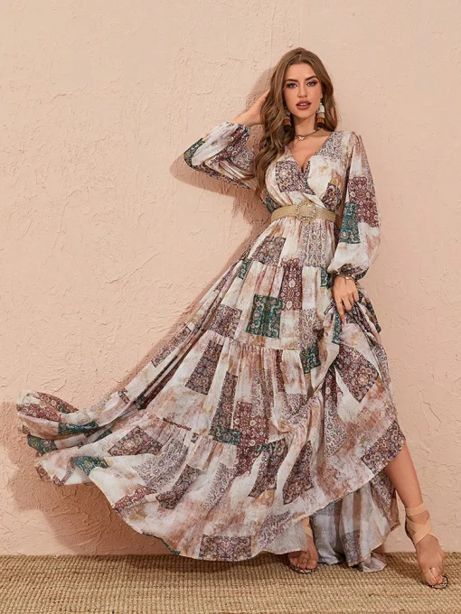 Summer Long Patchwork Print Lantern Sleeve Ruffle Hem Dress - Image 4