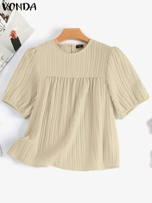 Elegant Summer Short Puff Sleeve O-Neck Blouse - Image 2