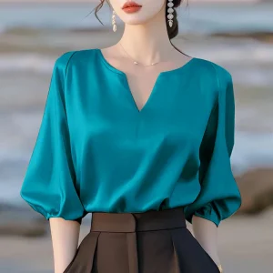 Women’s Solid Color Half Sleeve V-Neck Satin Blouse