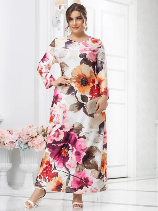 Plus Size White Floral Print Long Sleeve Maxi Dress