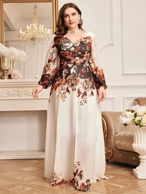 Luxury Plus Size V-Neck Floral Print Lantern Sleeve Party Dress - Image 6