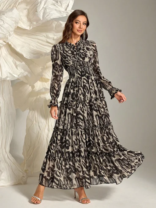 Leopard Print Ruffled Collar Long Sleeve Maxi Dress - Image 6