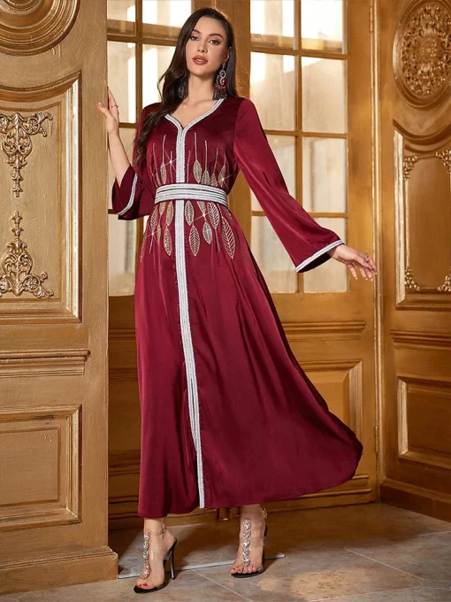 Women’s V-Neck Embroidered Floor-Length Muslim Dress - Image 5