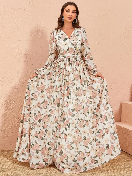 Elegant V-Neck Floral Lantern Sleeve Summer Maxi Dress - Image 3