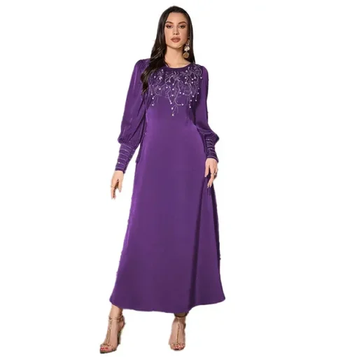 Beaded Ankle-Length Muslim Dress with Flared Sleeves - Image 7