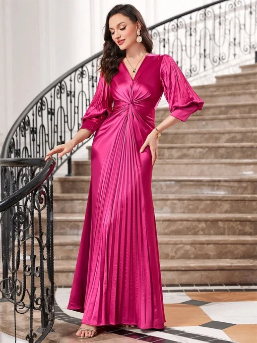 Rose Red Chiffon V-Neck Lantern Sleeve Evening Gown - Image 4