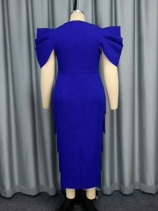 Blue Tassel Patchwork Slim Dress with Puff Sleeves - Image 4