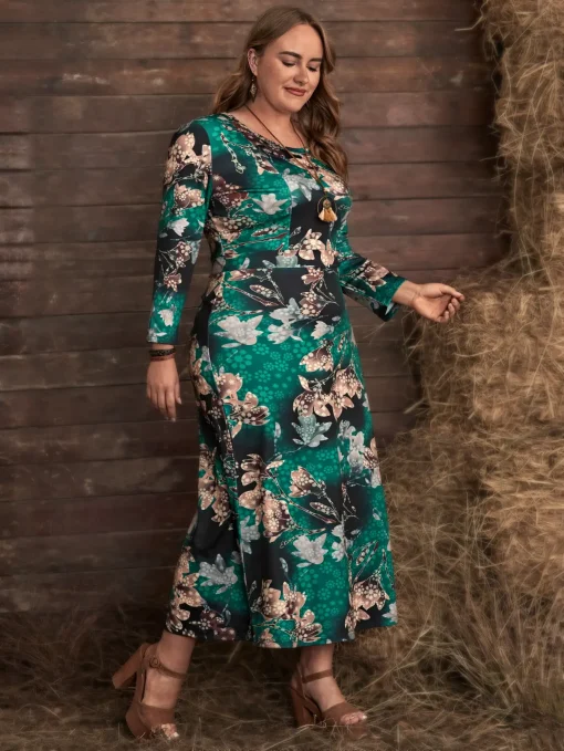 Plus Size Long Sleeve Floral Print Winter Dress - Image 2