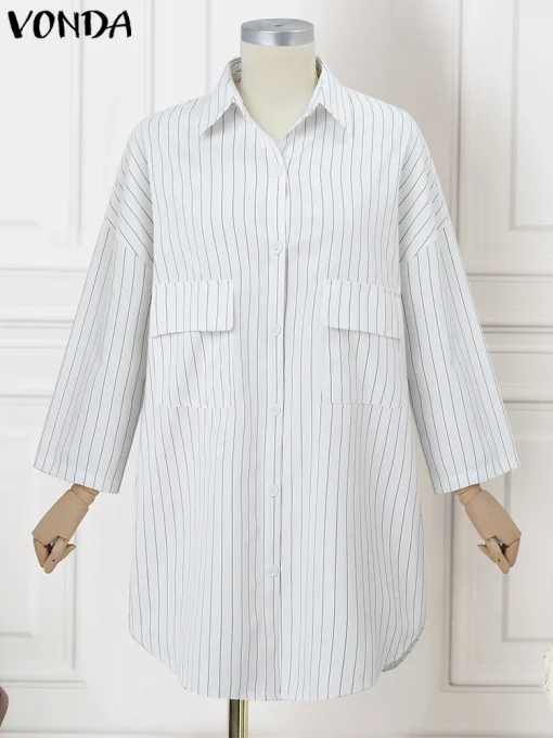 Plus Size Casual Stripe Splicing Shirt Dress - Image 2