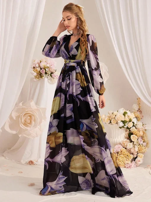 V-Neck Lantern Sleeve Floral Print Party Swing Dress - Image 3