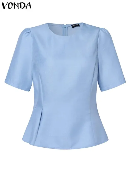 Elegant Summer Office Blouse with Short Puff Sleeves - Image 2