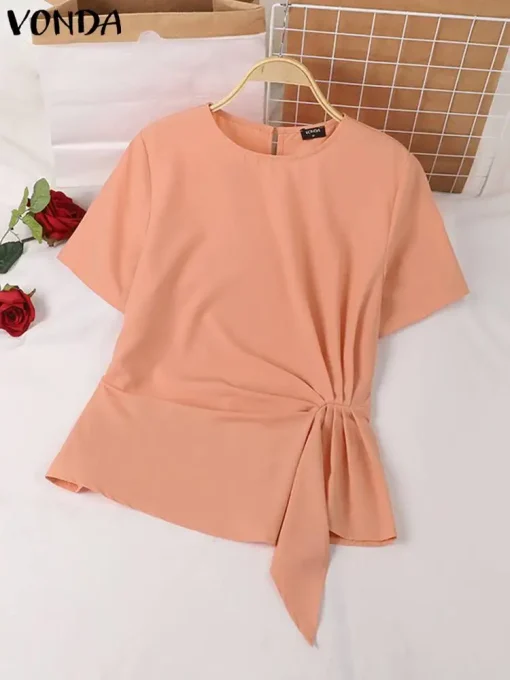 Women’s Elegant Loose Short Sleeve Solid Color Blouse - Image 2