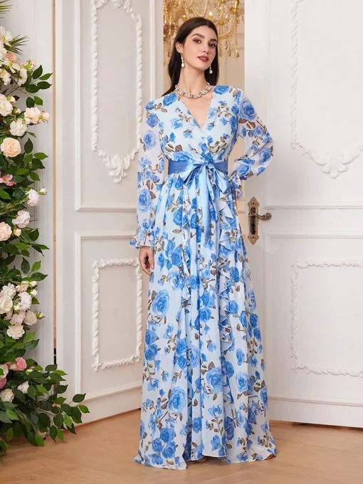 Elegant V-Neck Bell Sleeve Belted Floral Maxi Dress - Image 2