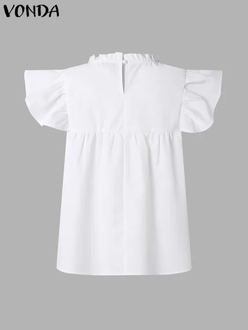 Women’s Elegant Ruffled Short Sleeve Stand Collar Blouse - Image 3