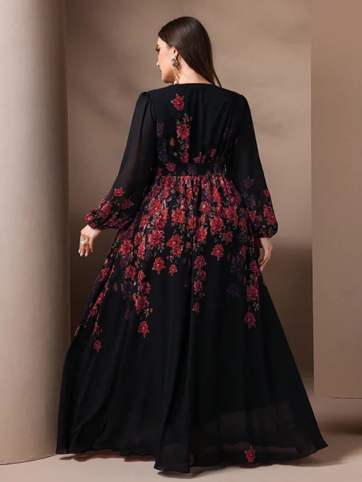 Elegant Plus Size Floral Print V-Neck Long Sleeve Maxi Dress - Image 2