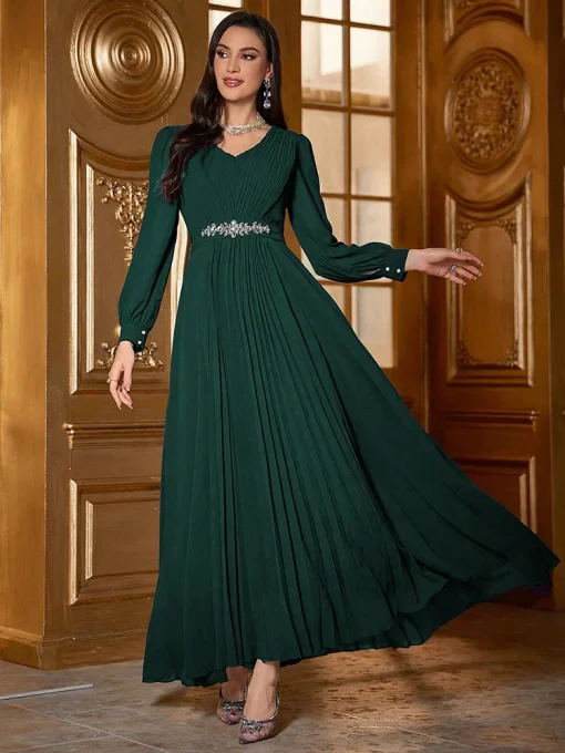 Elegant Rhinestone Embellished Long Sleeve Pleated Swing Dress