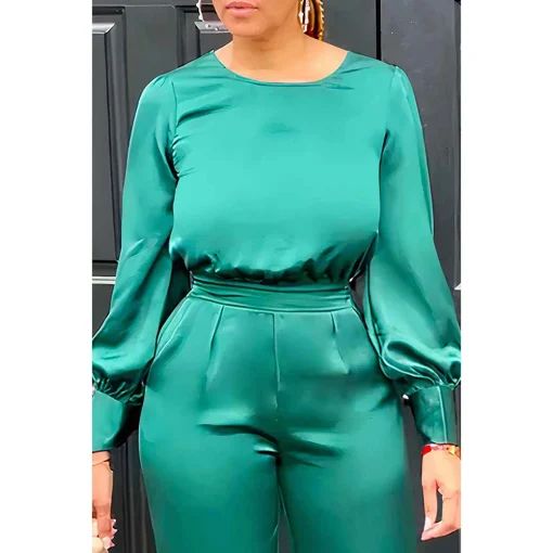 Plus Size Green Satin Wide-Leg Pants Set with Lantern Sleeves - Image 2