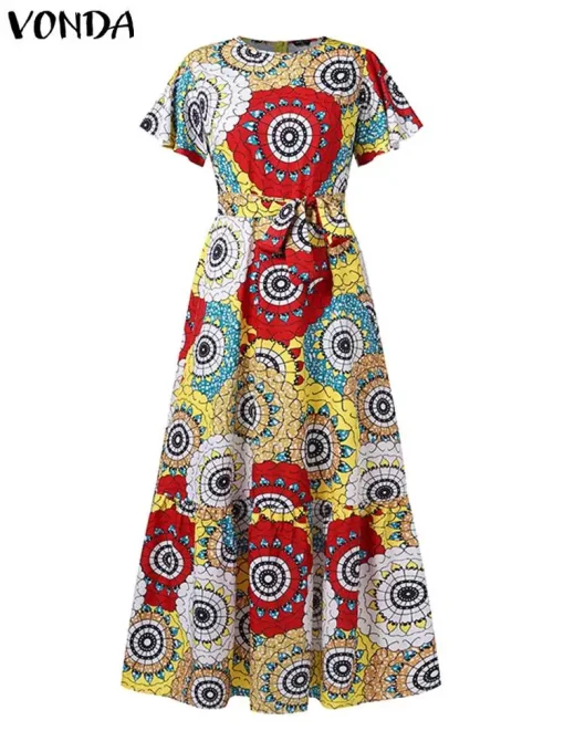 Women’s Bohemian Vintage Printed Short Sleeve Maxi Dress - Image 3