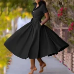 Plus Size Autumn Office Dress with Belt, Turn-Down Collar