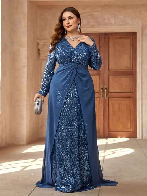 Plus Size Twist Knot Sequin Plaid Evening Gown