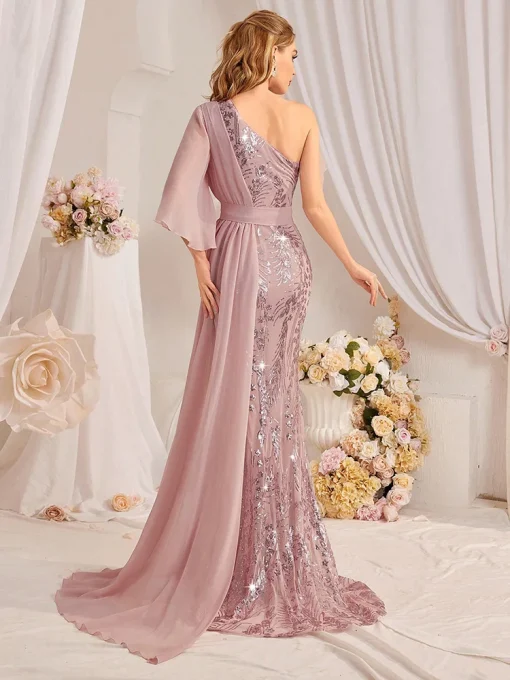 Luxury Sequin One Shoulder Long Maxi Gown Dress - Image 2