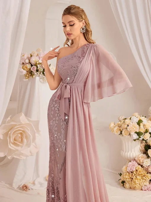 Luxury Sequin One Shoulder Long Maxi Gown Dress - Image 3