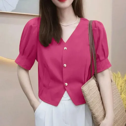 Women’s Elegant V-Neck Short Sleeve Summer Blouse - Image 5