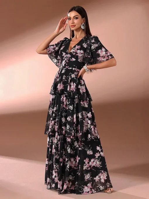 V-Neck Ruffle Sleeve Floral Tiered Hem Maxi Dress - Image 2