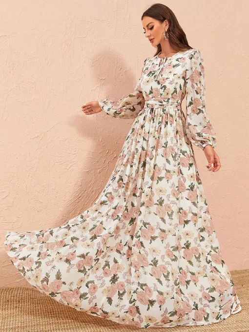 Elegant V-Neck Floral Lantern Sleeve Summer Maxi Dress - Image 2