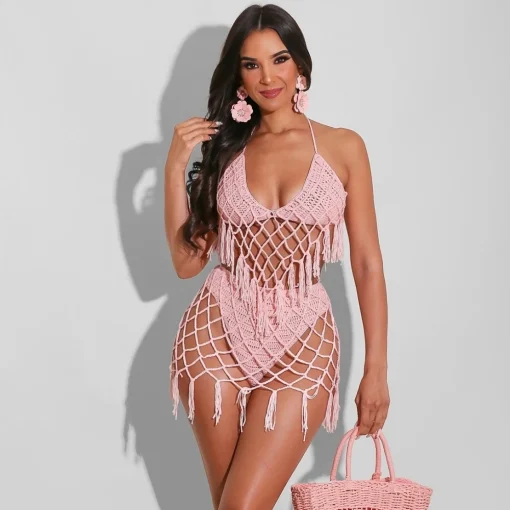 Women’s Casual Knitted Beach Skirt and Bikini Set