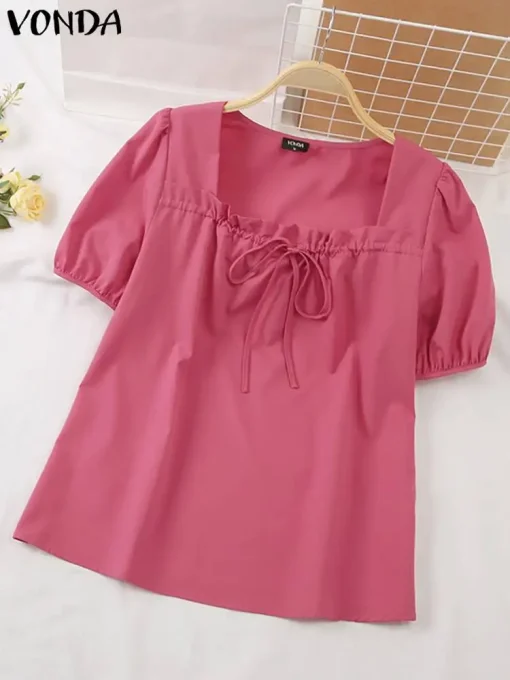 Summer Ruffle Casual Short Sleeve Square Neck Blouse - Image 2