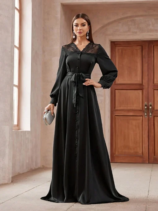 Elegant Mesh Belted Lace Spliced Lantern Sleeve Long Dress - Image 2