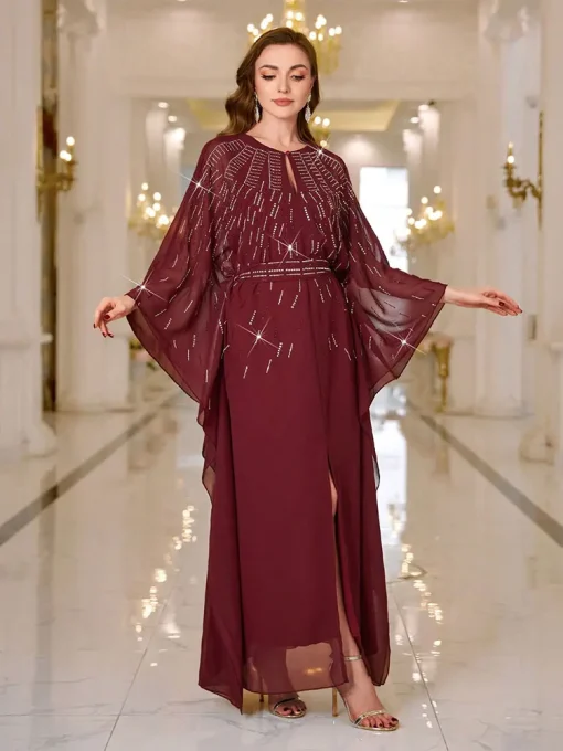 Women's Floor-Length Chiffon Diamond Dress with Lotus Sleeves - Image 3