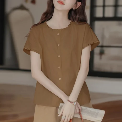 Casual Solid Color Short Sleeve Summer Blouse for Women - Image 5