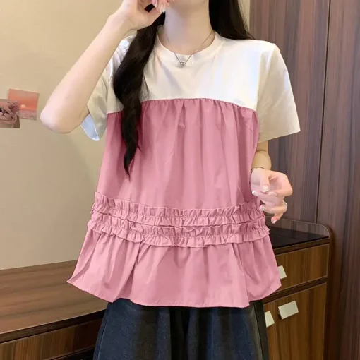 Women's Summer Ruffled Patchwork Short Sleeve Blouse - Image 6