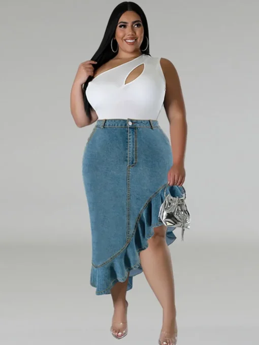 Plus Size Denim Midi Skirt with Front Slit