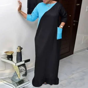 Maxi Dress Women Vintage Long Sleeve Patchwork Party Sundress