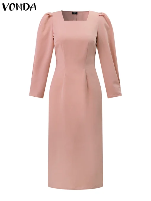 Women's Elegant Solid Color Midi Office Dress - Image 2