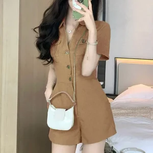Women's Elegant Short Jumpsuit with Pockets and Buttons