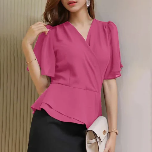 Women’s Elegant V-Neck Ruffle Short Sleeve Blouse - Image 5