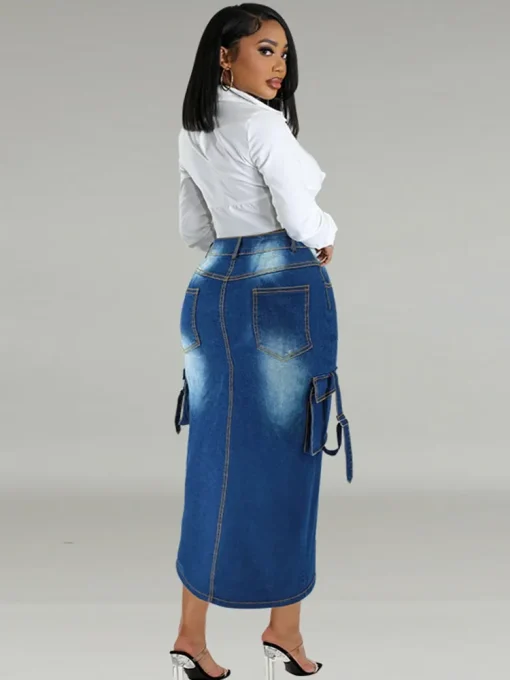 Plus Size A-Line High Waist Side Split Denim Skirt - Image 2