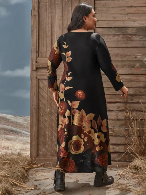 Plus Size Floral Print Long Sleeve Casual Maxi Dress - Image 3