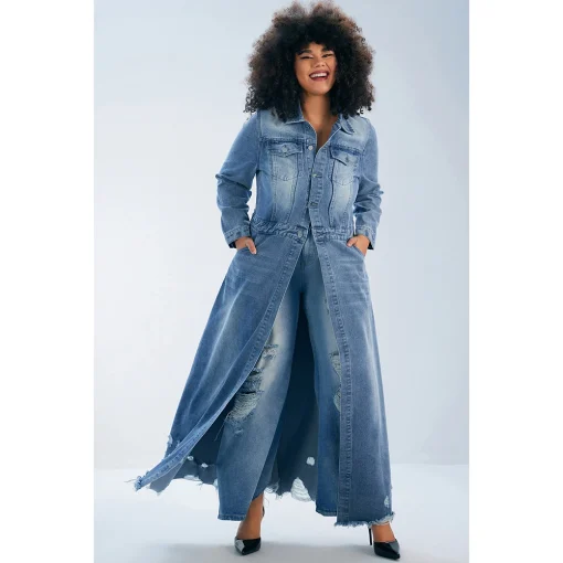 Plus Size Light Blue Ripped Denim Long Coat - Image 4